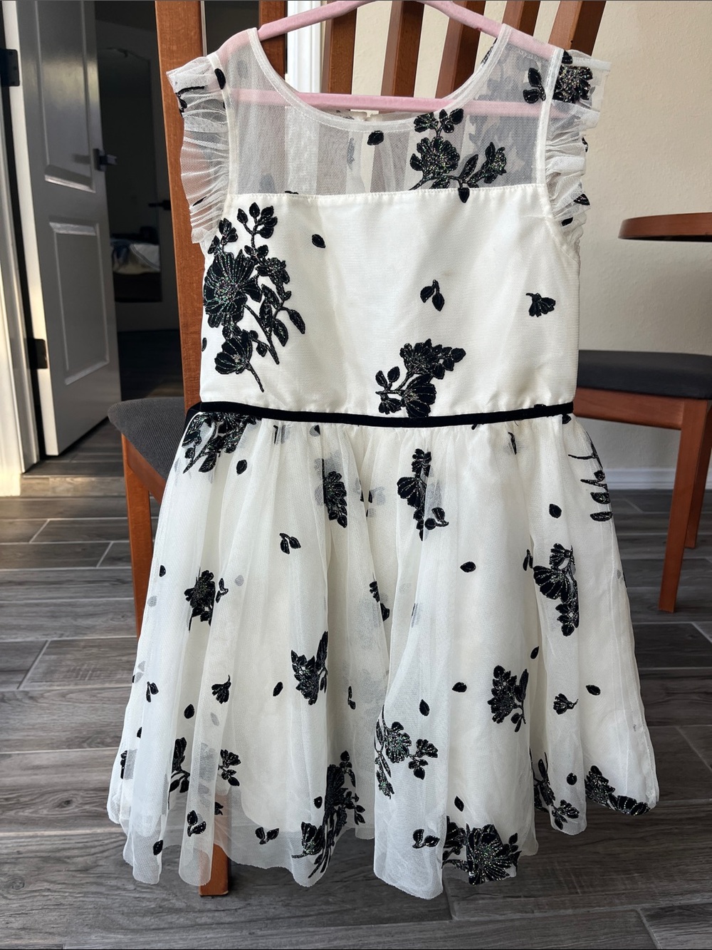 White & Black Floral Tulle Party Dress for Girls